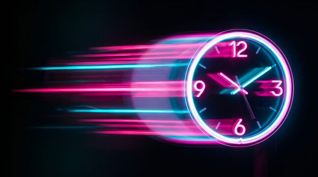  neon clock design moving on acceleration rapidly with vibrant pink and cyan lights straight blur motion trails at a dark background featuring   concept for visualization of high-speed running time   