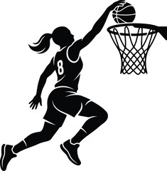 Obraz premium Silhouette of a female basketball player wearing number 8, performing a dunk.