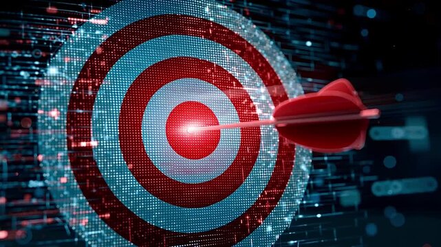 Futuristic red and white digital target with an arrow hitting the bullseye in slow motion, symbolizing business success, strategic marketing goals, financial achievement, and precise targeting