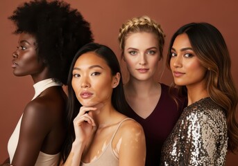 Fototapeta premium Group of Diverse Multi-Ethnic Women Posing Together for Beauty and Ski
