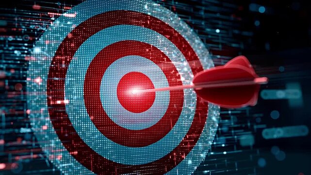 Futuristic red arrow flying towards a digital target and hitting the bullseye, representing the concept of business success, strategy, goal achievement, and marketing solution in a modern world