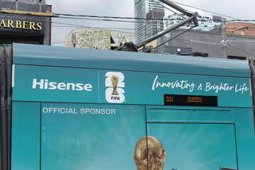Fototapeta premium streetcar wrap with Hisense sponsor advertising for FIFA World Cup 2026, Toronto