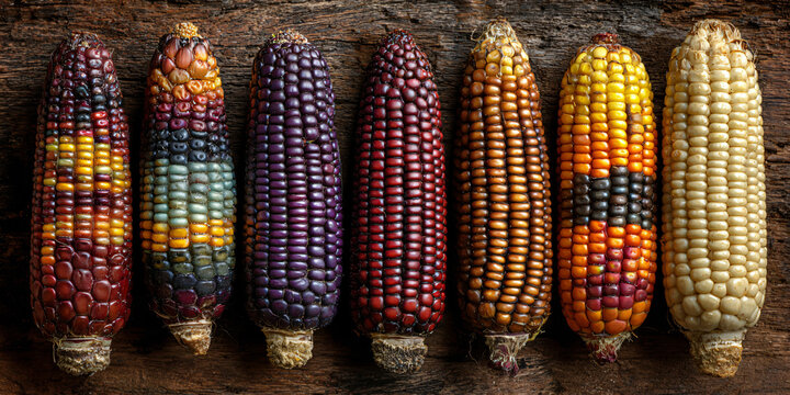 Different Types of Colorful Corn on Wooden Table