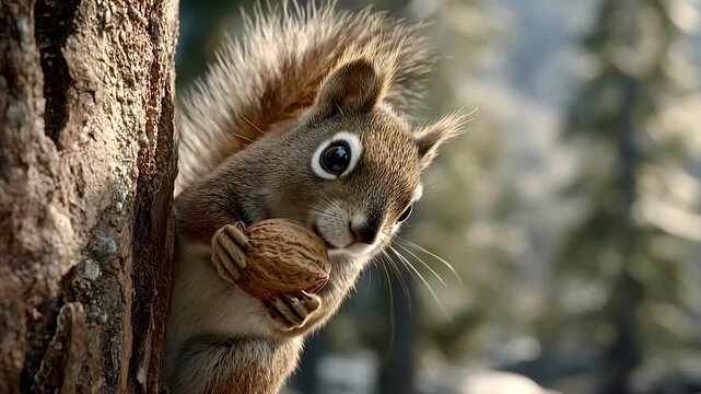 Cute cartoonish squirrel with big eyes peeking from behind a tree trunk while holding a large walnut in a sunny, snowy forest, showing curiosity and charm in its natural habitat during winter
