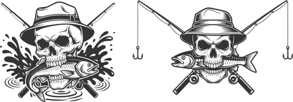 Halloween fishing skeleton graphic spooky angler illustrations for t shirts and merch