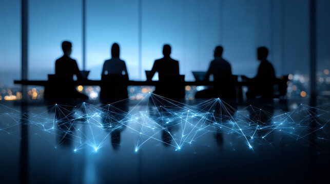 Silhouettes of business professionals sit around a conference table in a modern office, illuminated by digital network connections. Futuristic technology shapes corporate collaboration