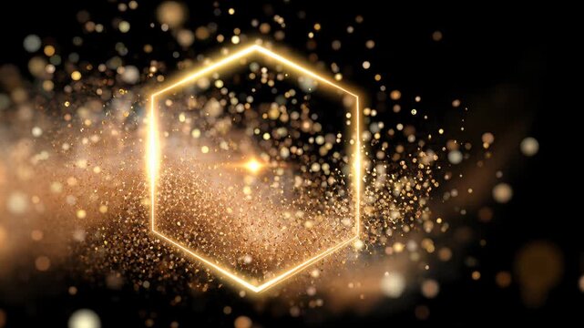 golden spark burst with shimmering particles, rectangular light frame sweeps across dark stage, warm bokeh orbs and glitter trails form majestic cinematic
