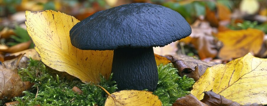 A close-up of a small mushroom with a dark cap, surrounded by fallen autumn leaves and soft moss. The mushroom&acirc;&euro;&trade;s dark cap contrasts with the lighter tones of the autumn leaves and moss.
