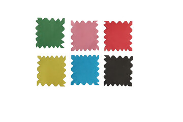 Fototapeta premium Colorful serrated edge square paper swatches collection on transparent background for textile design samples presentation.