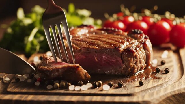 Juicy grilled beef steak served on a rustic wooden board with cherry tomatoes and spices.