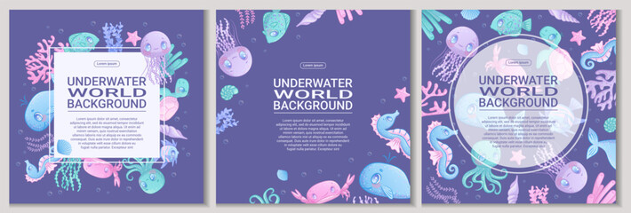 A set of colorful backgrounds with cute cartoon sea animals. Whale, jellyfish, octopus, fish, seahorse, turtle, crab, star. Children's vector illustration for the design of posters, flyers, invitation © Liubov