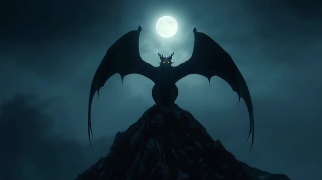 A menacing dragon with large wings perches atop a rocky mountain under a full moon, casting an ominous shadow in a dark, eerie night sky