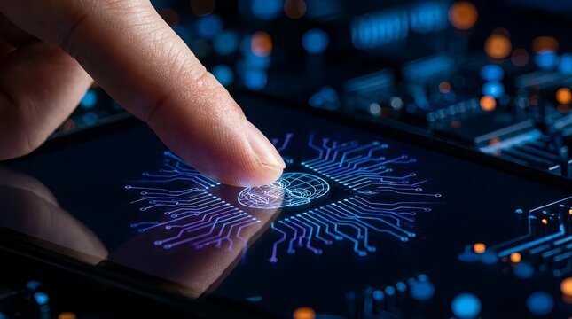 Finger touching a glowing blue circuit board on a smartphone screen with a futuristic background