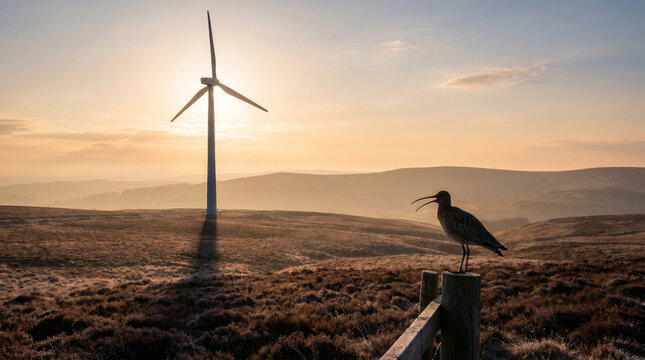Solitary wind turbine on a desolate winter-brown moorland at the summer solstice sunrise, the long June shadow of the turbine stretching acr