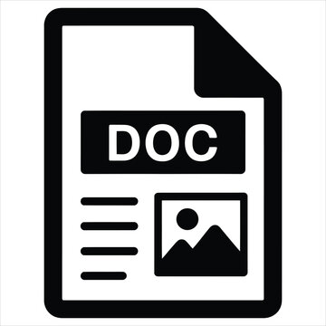 A black glyph vector icon representing a DOC or word processing file format. The design includes placeholder text lines and a symbol for an embedded image, indicating a rich text document. Perfect for
