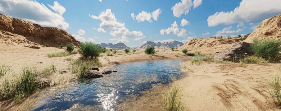 A desert landscape with a small oasis in the distance, symbolizing the value of water in arid regions, 