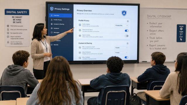 Teacher showing students how to adjust social media privacy settings on a large interactive board in school