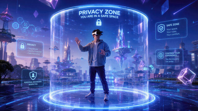 Virtual reality user seeing a privacy zone boundary glowing around them in a modern metaverse environment