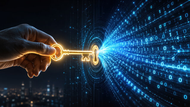 Hand holding a glowing key that unlocks a stream of encrypted binary code for data access and transparency
