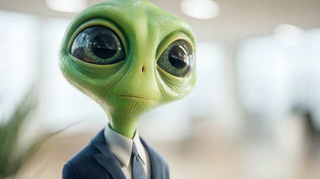 A friendly alien with large expressive eyes and smooth green skin, wearing a modern business suit, is standing in an office setting with soft lighting, a shallow depth of field	
