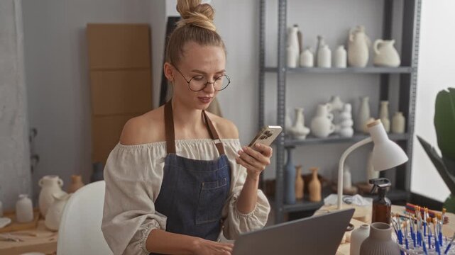 Woman in apron holding smartphone and typing with hand at a worktable with pottery shelves in studio; creative serenity.