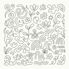Fototapeta premium A black and white line drawing of various abstract shapes and floral patterns.