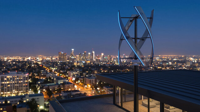 Vertical axis micro wind turbine spinning on a modern residential roof for domestic green power generation