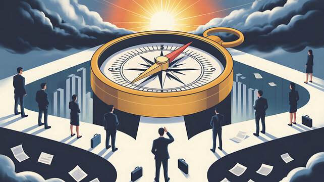 Business navigate recovery, Abstract, The compass navigate for businessmen to resume business growth in the economic crisis, Rethink, Reinvent and Recovery.