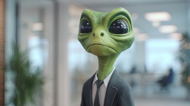 A friendly alien with large expressive eyes and smooth green skin, wearing a modern business suit, is standing in an office setting with soft lighting, a shallow depth of field	