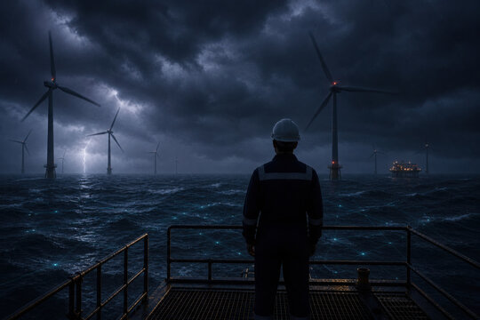 Dramatic offshore wind turbines stand against stormy sea, showcasing renewable energy engineer observing powerful elements