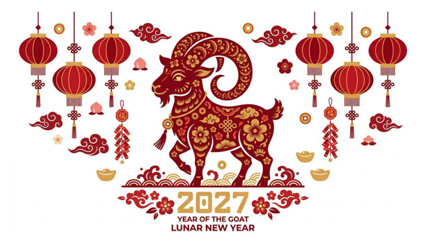 2027 Chinese zodiac goat lunar new year flat vector illustration traditional festive design