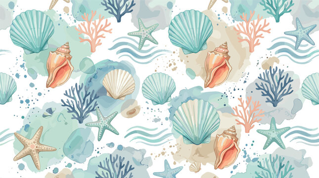 Watercolor Seashell Seamless Pattern with Starfish Coral Waves and Coastal Ocean Elements for Beach Background Design Vector