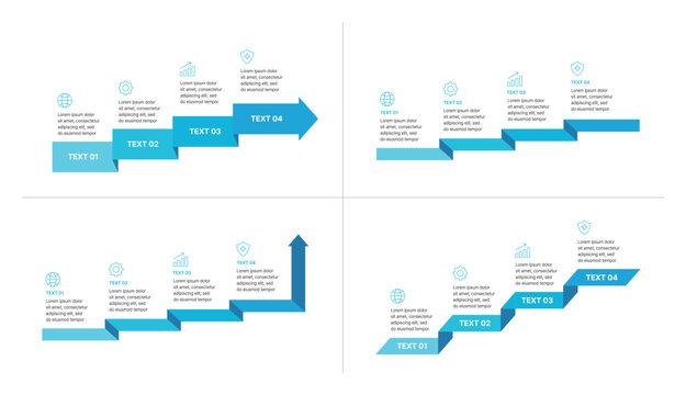 Set of business infographic templates featuring blue 4-step arrow and staircase process diagrams. Clean vector designs for workflow, timeline, progress, or growth presentation with icons and text plac