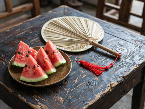 Watermelon and Fan on Old Wooden Table in Summer