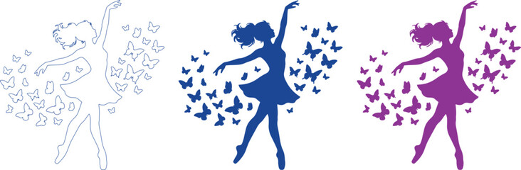 Graceful ballerina silhouette vector set, dancing woman with flowing butterflies, elegant ballet dancer graphic resource, artistic movement illustration isolated on White Background © Ambreen