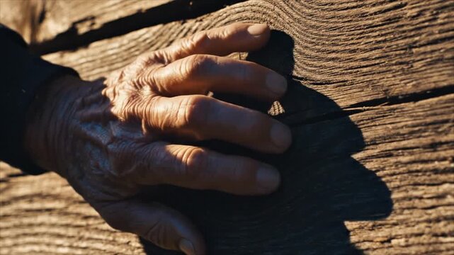 Elderly hand resting on weathered wooden surface, capturing a moment of reflection and the passage of time