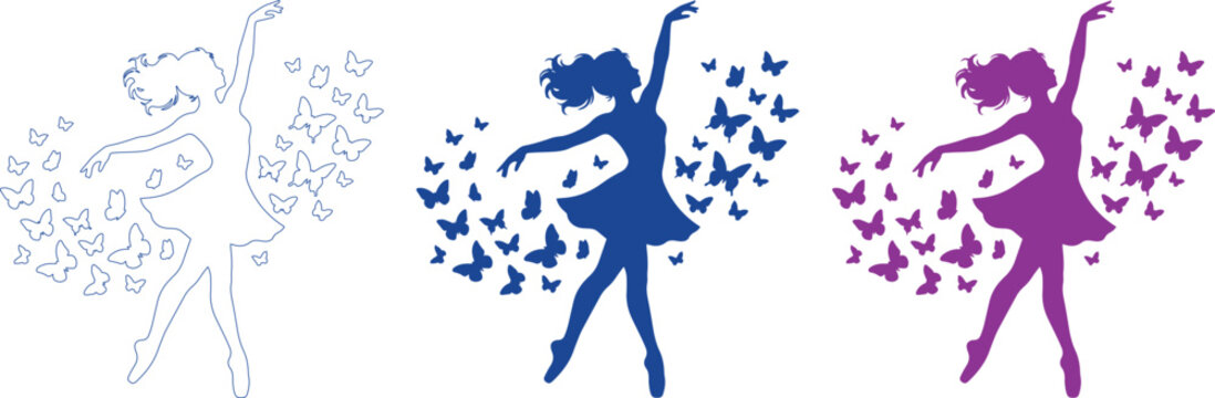 Graceful ballerina silhouette vector set, dancing woman with flowing butterflies, elegant ballet dancer graphic resource, artistic movement illustration isolated on White Background