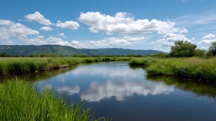 Obraz premium Calm river reflecting a bright blue sky and white clouds framed by lush green meadows and distant woodland