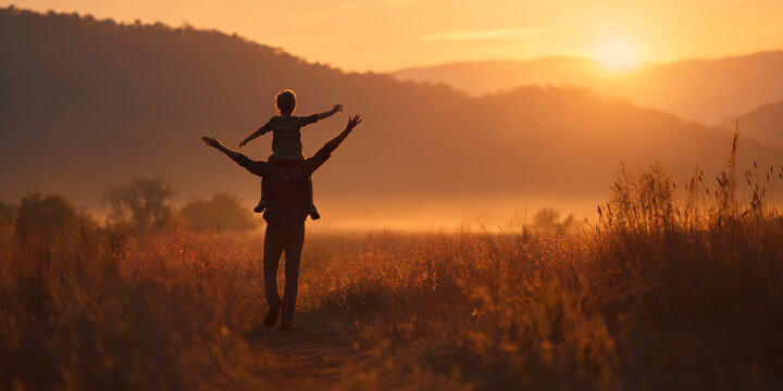 Happy Father Carrying Child on Shoulders at Sunset