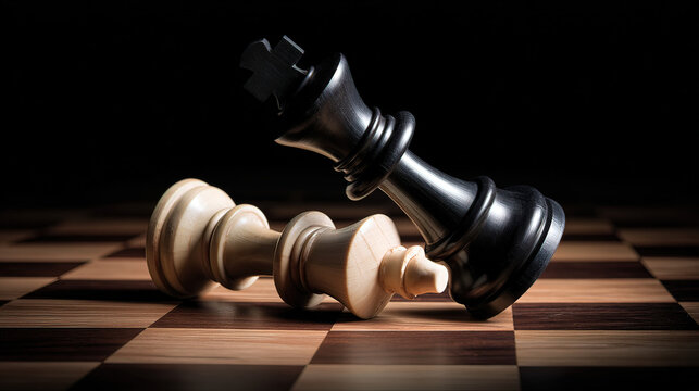 checkmate. Black chess queen piece knocking over white king on a wooden chessboard. lifestyle magazines, social media lookbooks, designed for lifestyle magazines and social media content.
