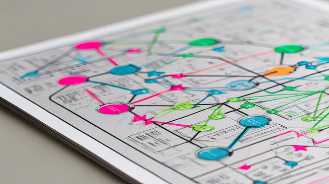 flowchart. Colorful flowchart with geometric shapes, illustrating business optimization on a light grey background. pitch deck slides.
