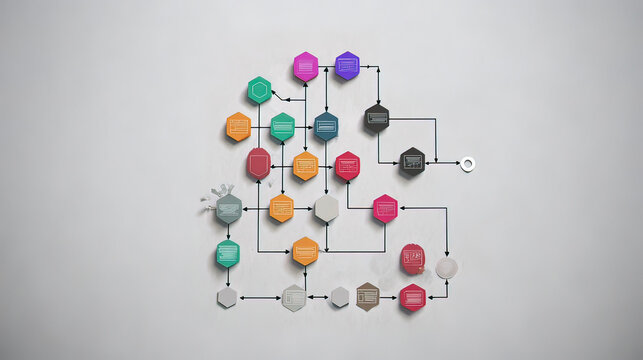 flowchart. Colorful flowchart with geometric shapes, illustrating business optimization on a light grey background. pitch deck slides.
