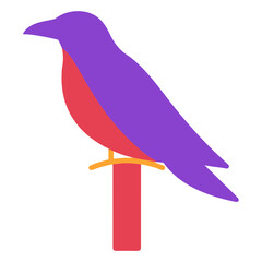 Fototapeta premium Modern raven bird icon featuring bold purple and red color blocks perched on orange and red post isolated on transparent background art.