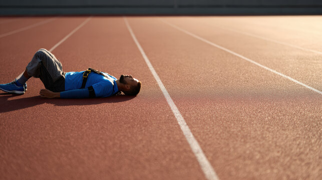 Running track disabled athlete tired runner relaxation exhaustion sports injury male lying running track after race