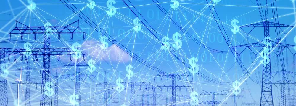high-voltage tower landscape with binary code and dollar sign grid, animation banner for power industry and electricity business