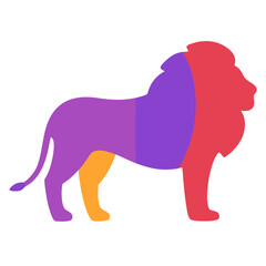Creative lion silhouette using segmented purple red and orange colors to depict a standing wild cat for contemporary zoo or nature brands. © Sumon
