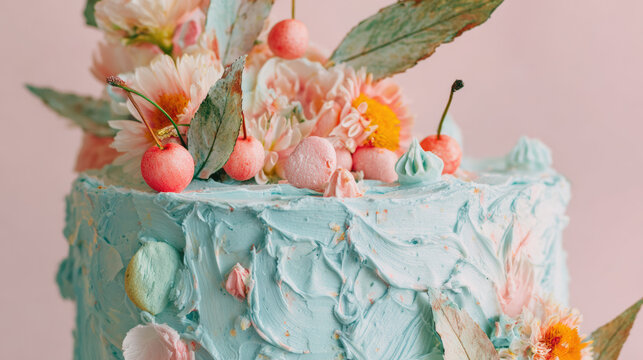 Pastel blue cake wedding cake floral cake cherry buttercream vintage style closeup dessert with kitsch pastel decoration
