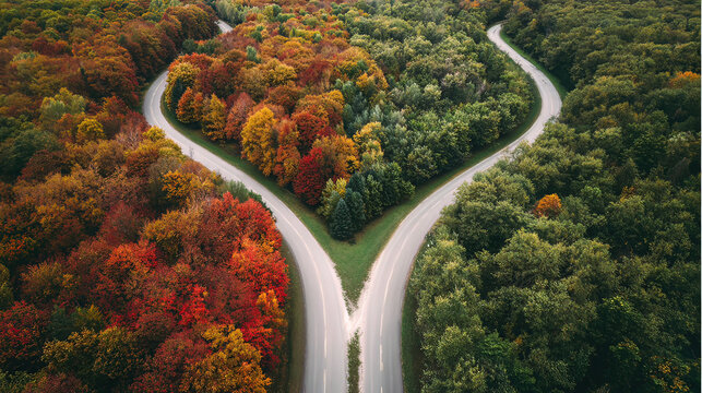 pivotal. Aerial view of a forked path in an autumn forest, representing pivotal life choices. representing seasonal cycles and harvest abundance.
