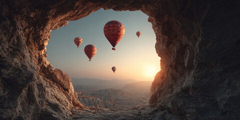 Hot Air Balloons Drifting Over Rocky Canyon at Sunset © Ily