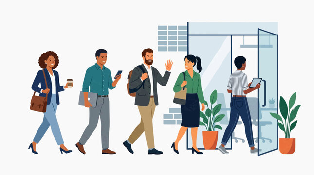 A diverse group of people entering an office building
